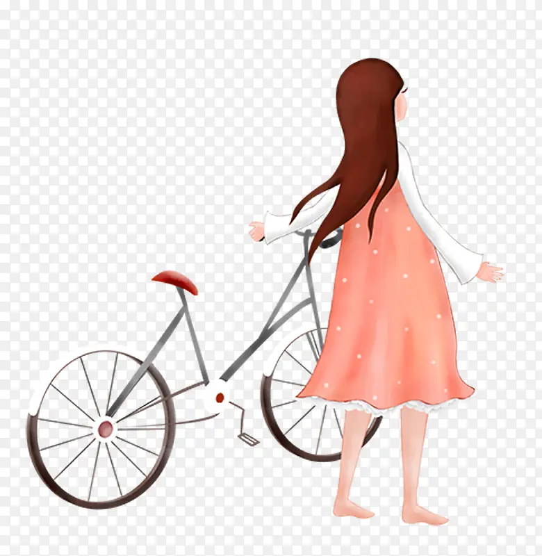 推着自行车的女孩的背影