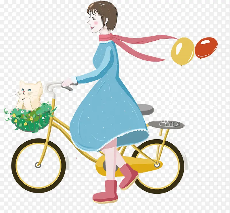 春天卡通手绘骑自行车的女孩