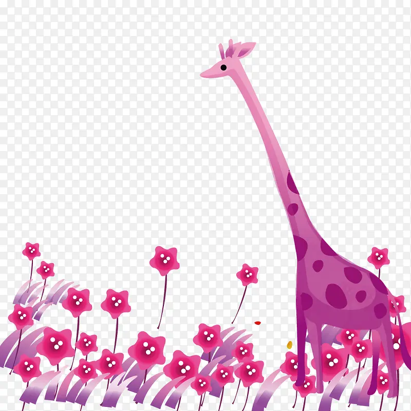 红紫色小花群中的长颈鹿