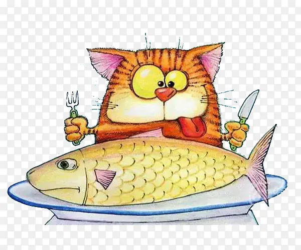 手绘彩绘创意猫吃烤鱼图案