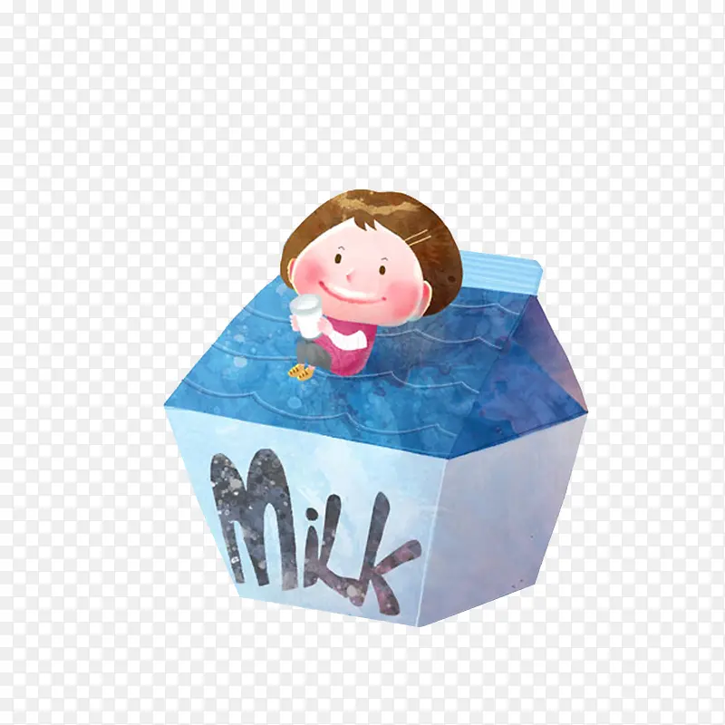彩绘牛奶盒上喝牛奶的小女孩素材