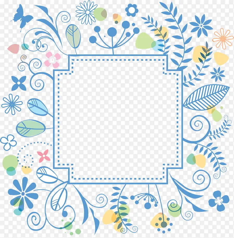 手绘蓝色植物边框装饰