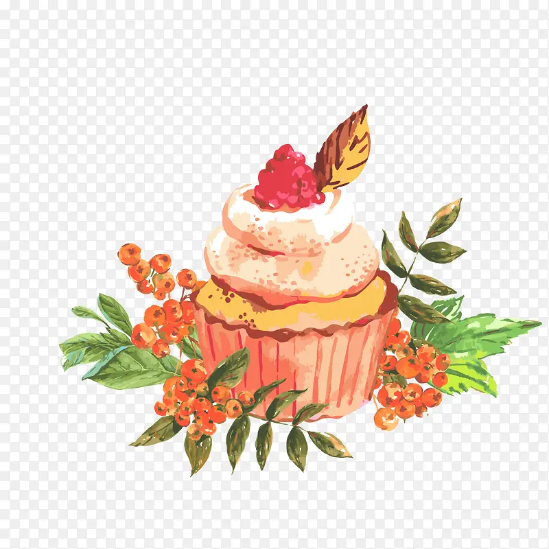水彩花朵和纸杯蛋糕