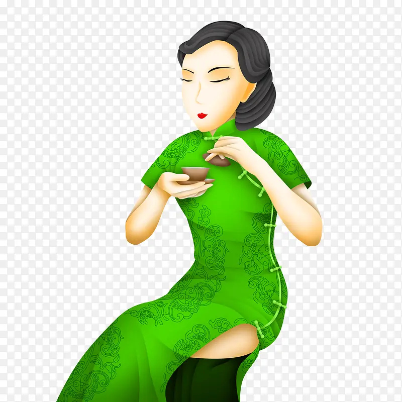 手绘卡通中国风绿色旗袍美女