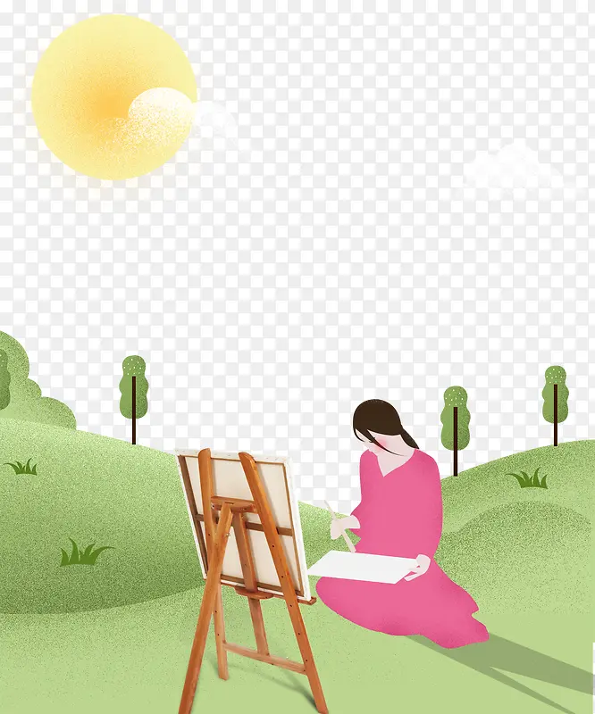 免抠卡通手绘春季草地里画画的女