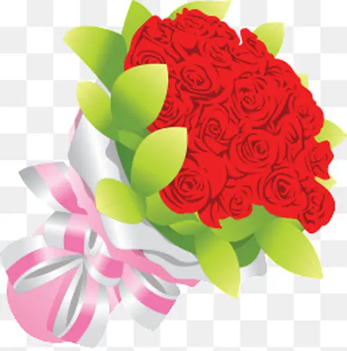 一束粉带包扎绿叶衬托红色玫瑰花