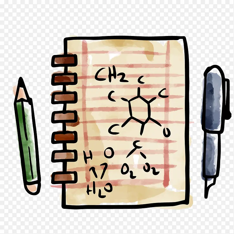 彩绘笔记本与笔矢量图