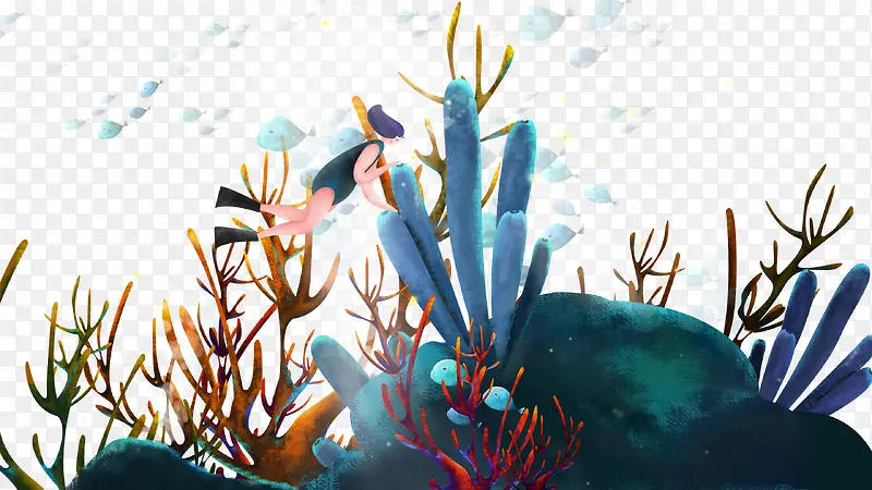 珊瑚群中的潜水少女