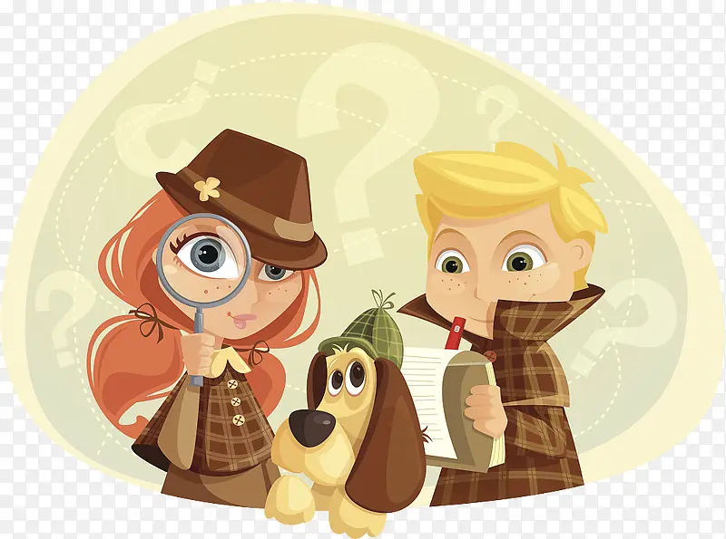 可爱插图侦探与小狗
