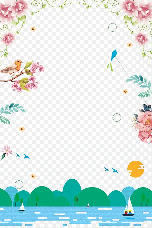 春季手绘花朵与山水装饰边框