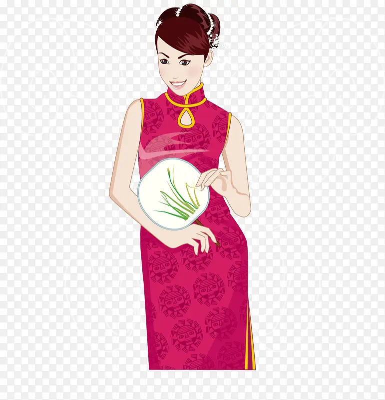 人物插图穿旗袍拿扇子的女孩