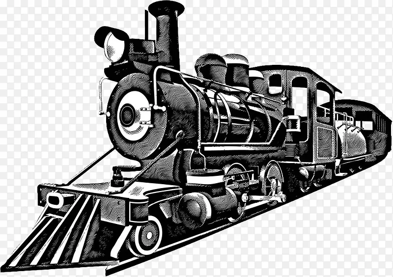 黑白版画风格插图老式复古火车