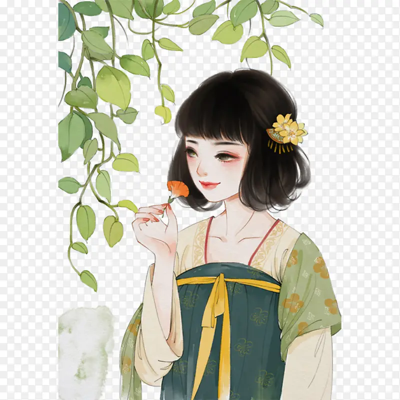 中国风手绘插画拿花的美女
