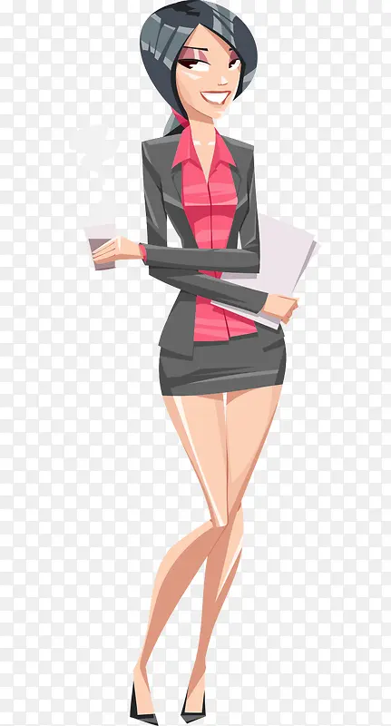 卡通手绘拿杯子白纸商务女士