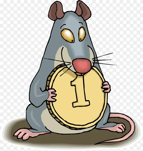 矢量灰色拿着一元硬币的老鼠