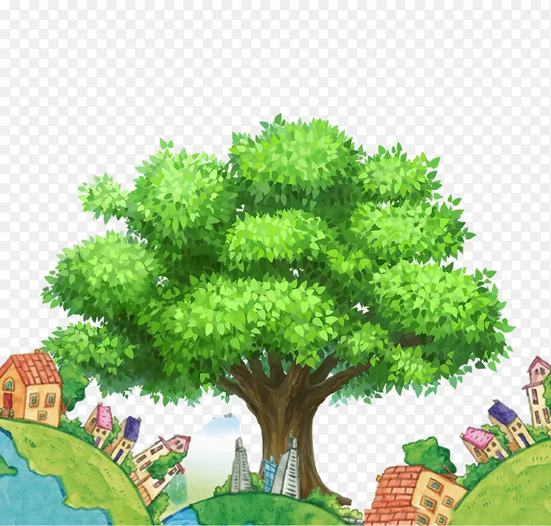 绿色卡通地球大树环保插画