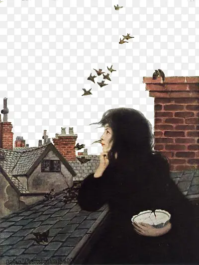 插画阳台上光看风景的黑衣女子
