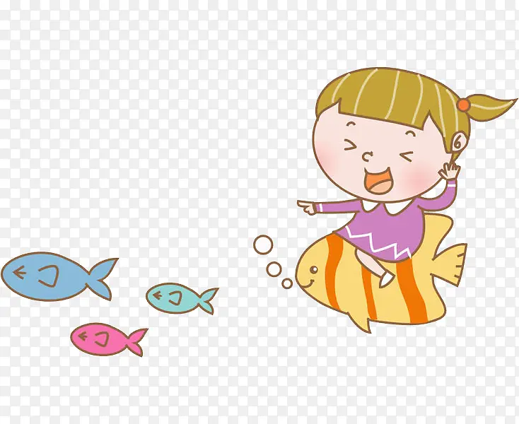 卡通骑着小鱼的女孩