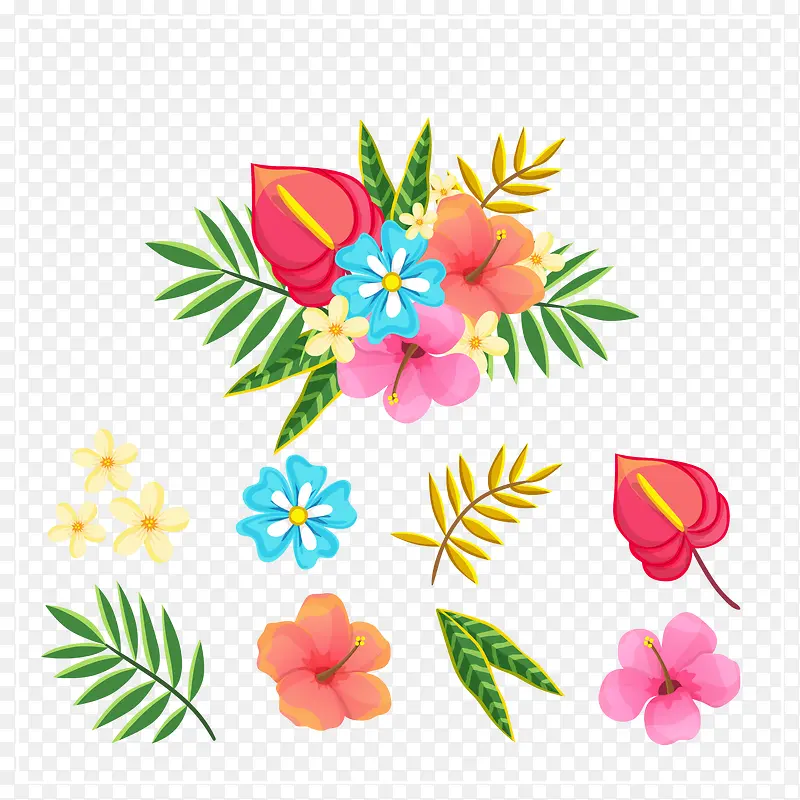热带花卉和叶子矢量图