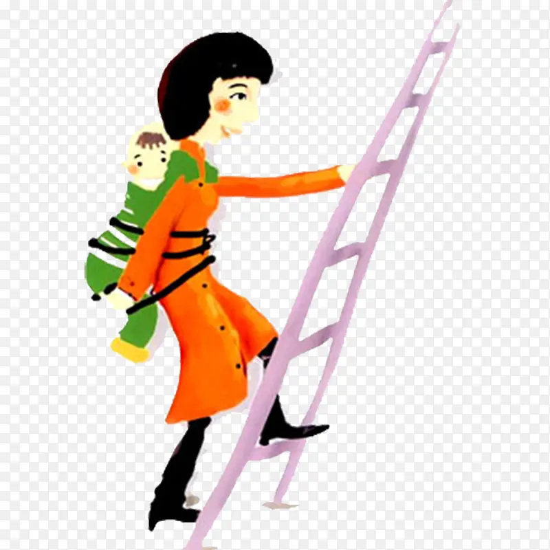 卡通手绘背小孩的妈妈爬梯子素材