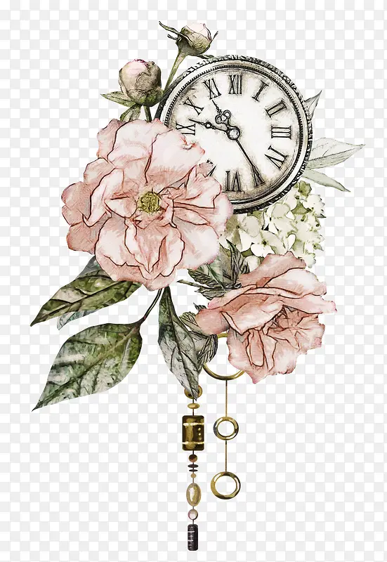 手绘粉色花朵和闹钟