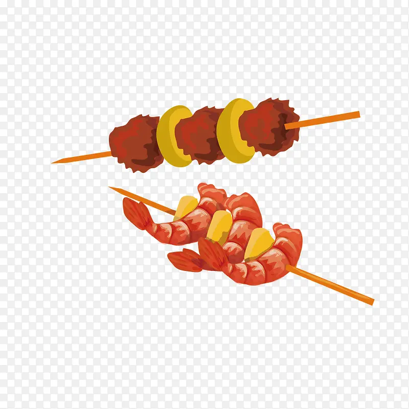 矢量手绘大虾烤肉串