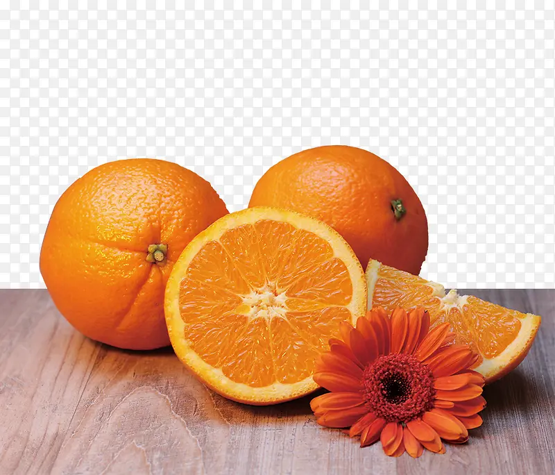 免抠棕色桌子上的橙子花朵装饰