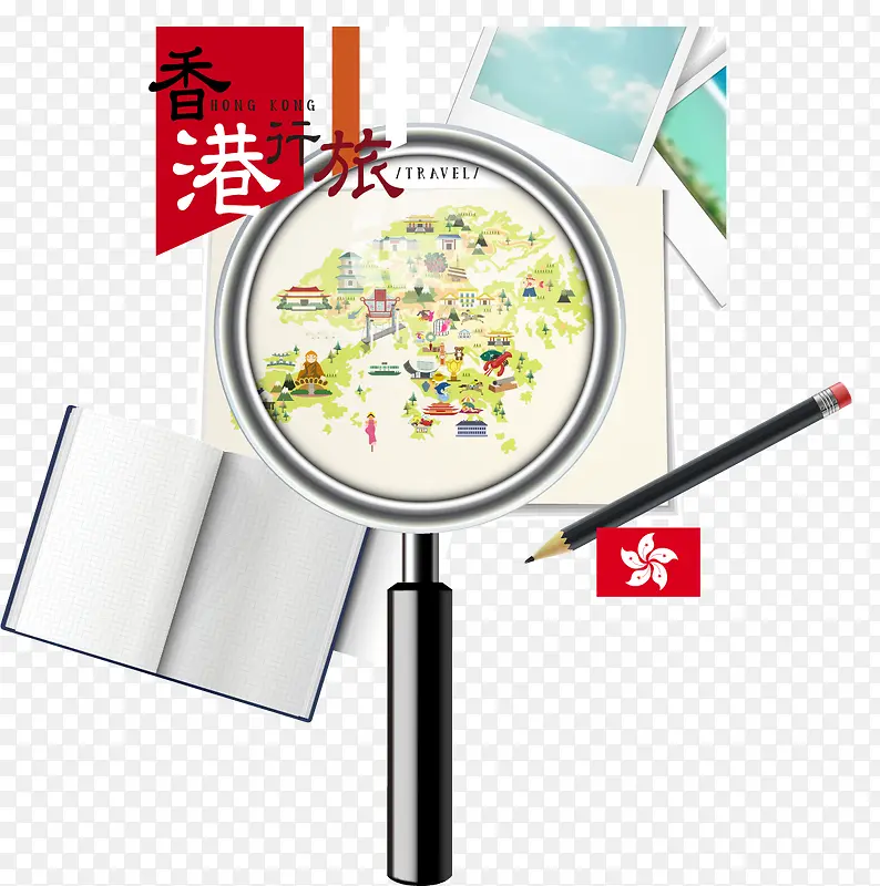 手绘放大镜里的香港旅游景点分布