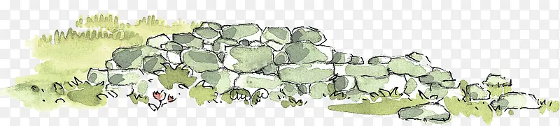 水彩手绘插图石头墙体与绿草