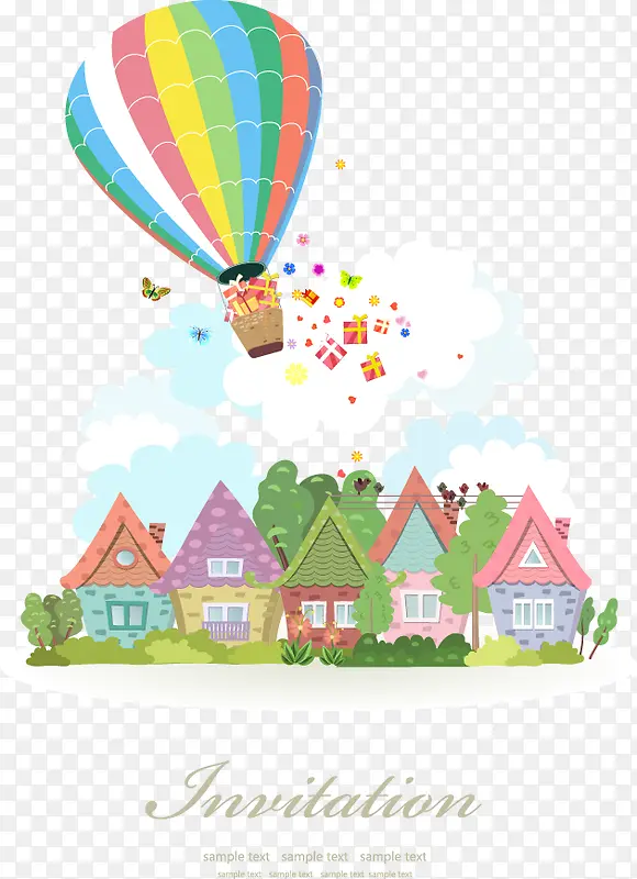 装饰童话小城镇和热气球