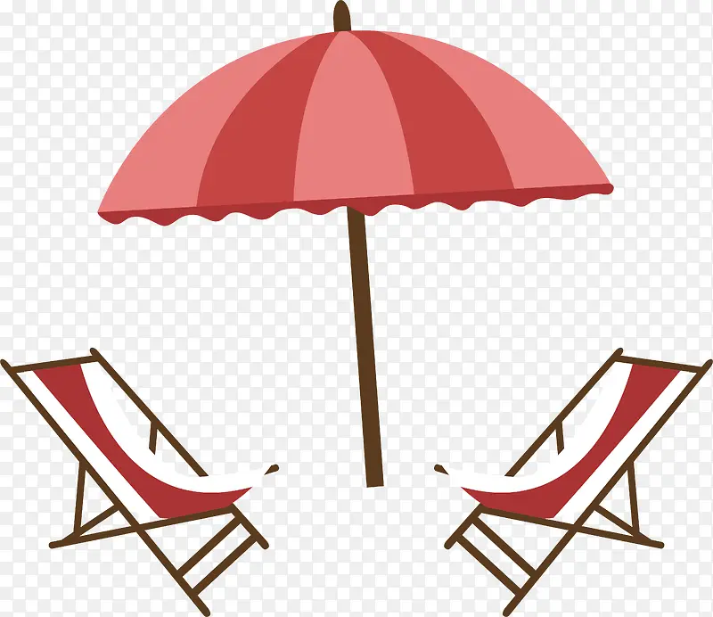 红色条纹海滩躺椅遮阳伞