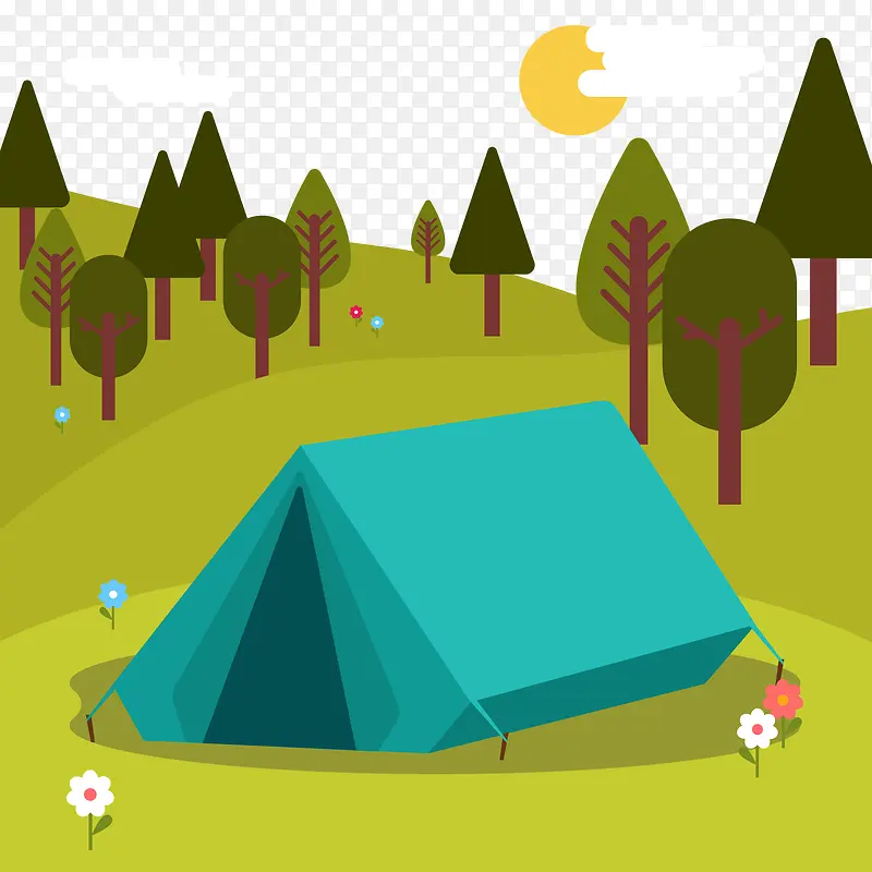 郊外蓝色野营帐篷风景矢量素材
