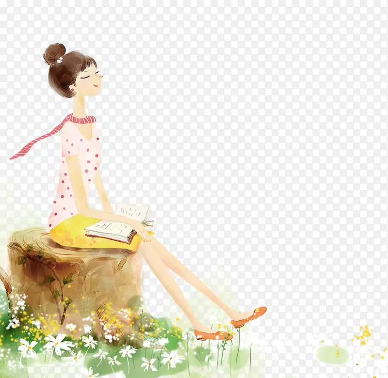 春季坐在花丛里的小女孩设计
