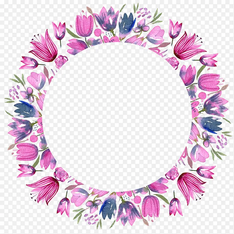手绘粉色花朵圆形花框装饰