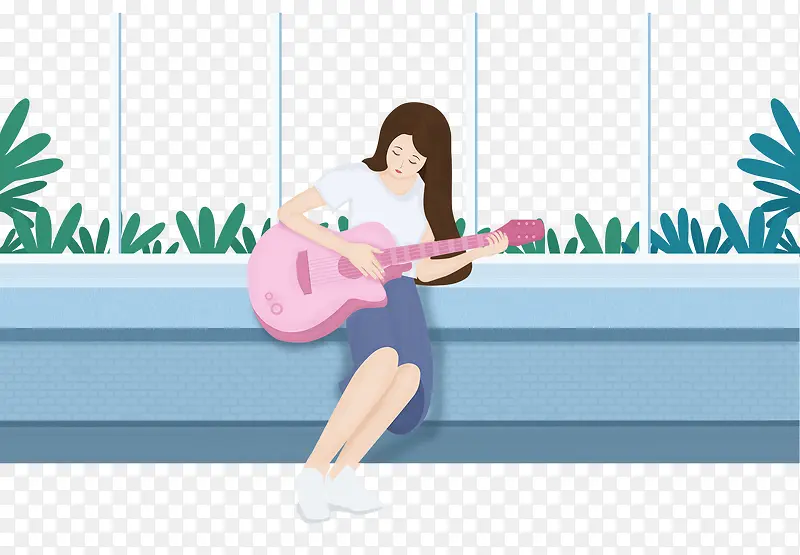 免抠卡通手绘女孩坐在阳台上弹吉