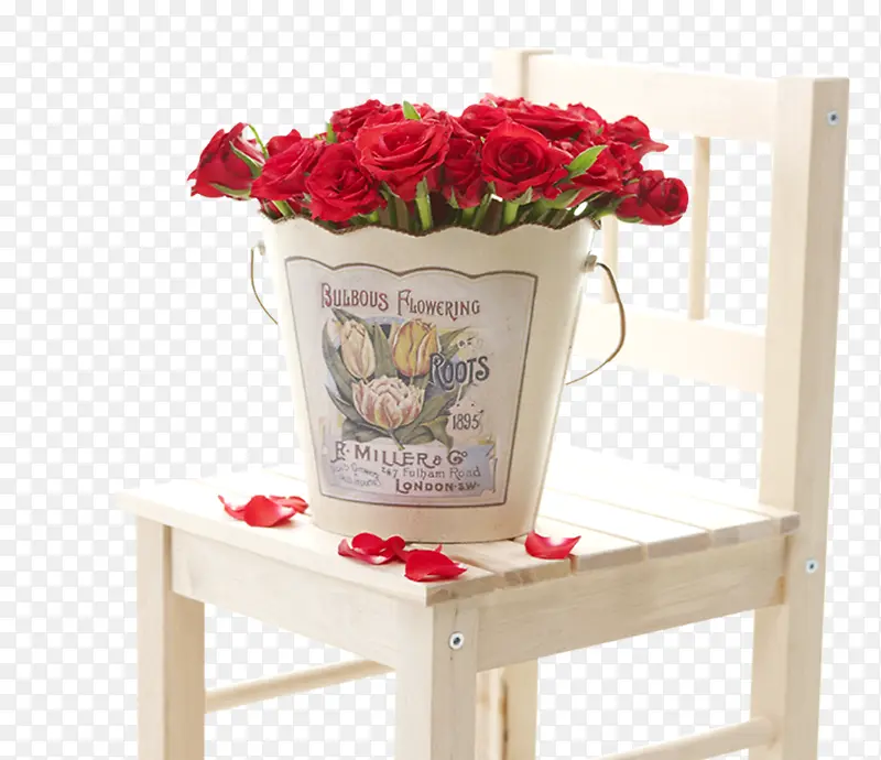 白色椅子上的一桶玫瑰花