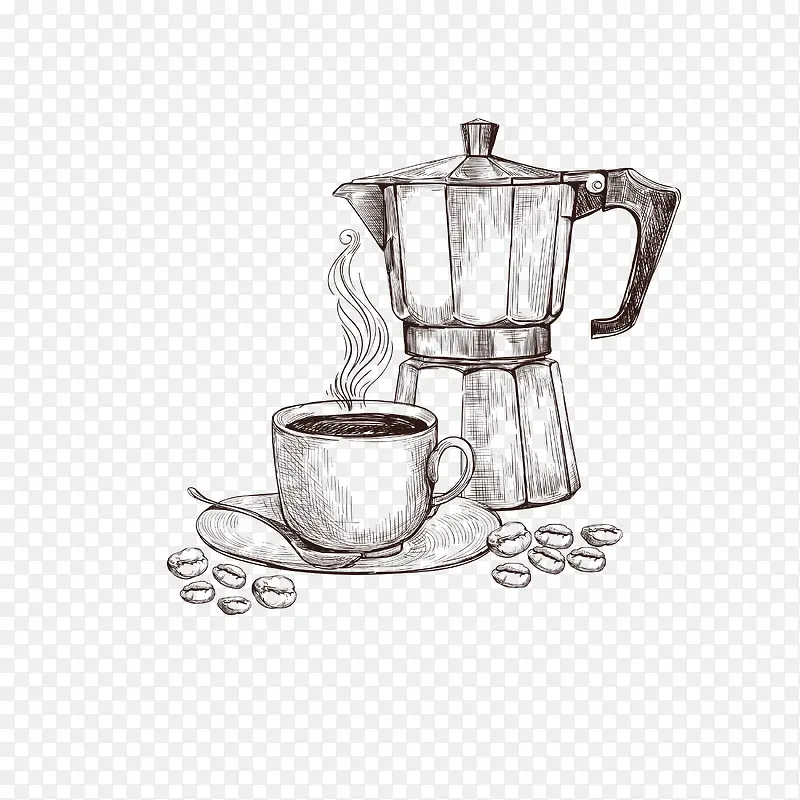 矢量精致手绘素描咖啡杯咖啡器具
