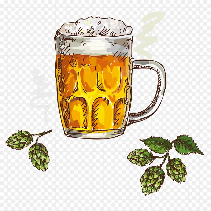 卡通手绘啤酒与绿叶