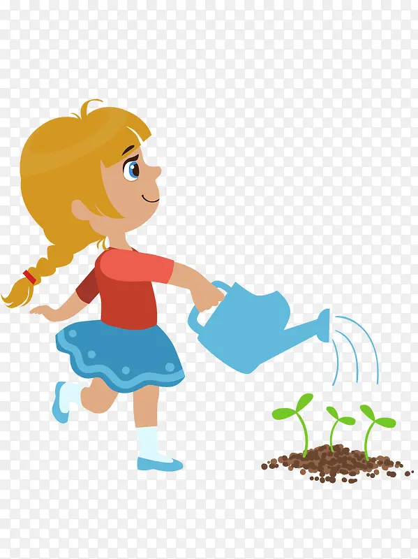 卡通手绘小女孩浇树施肥矢量图