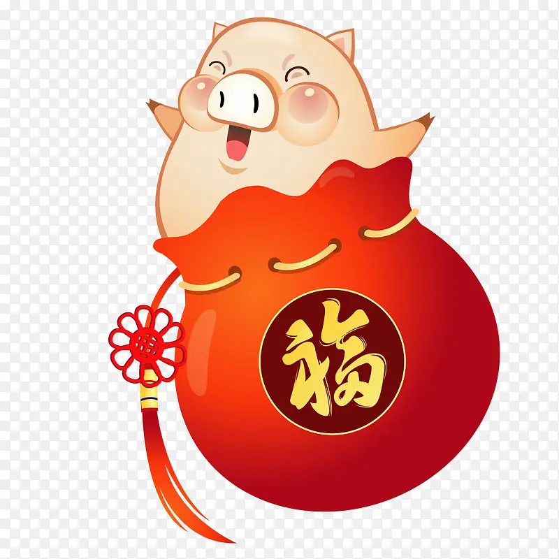 春节可爱小猪在福袋里开心的笑着