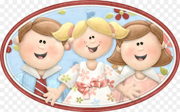 手绘三个小朋友椭圆形装饰图案