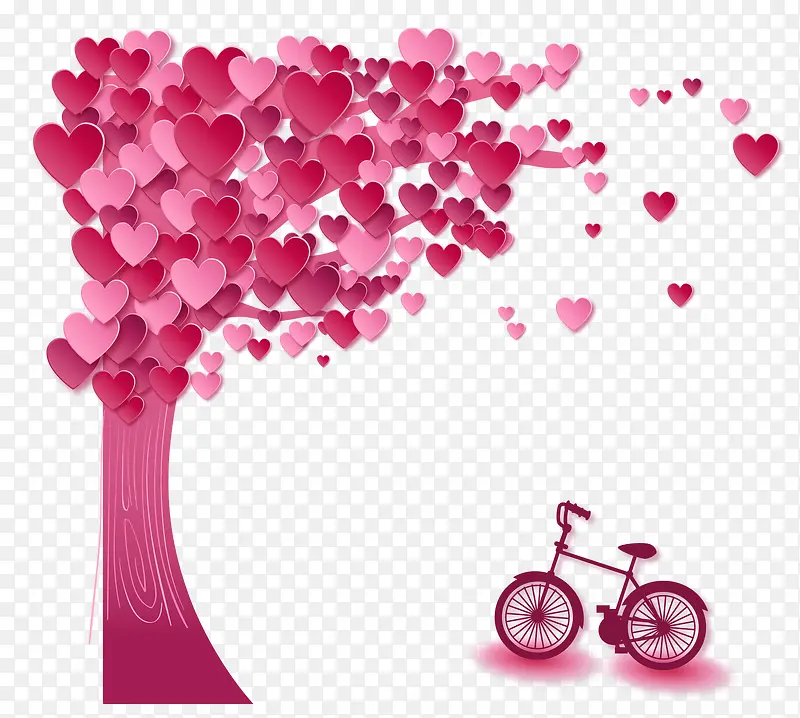 粉红色爱心树下的自行车