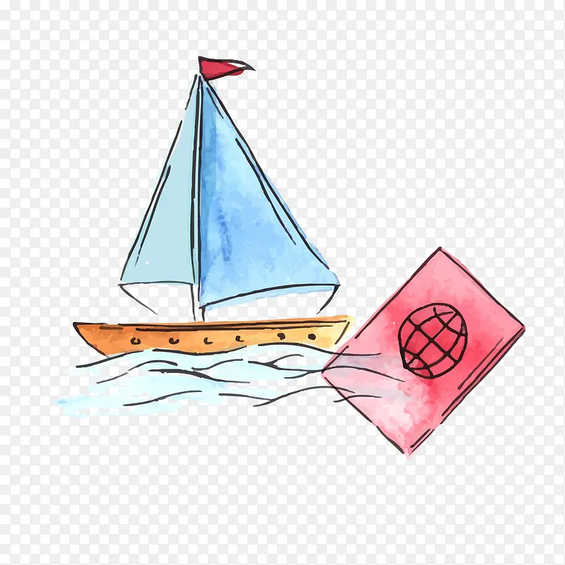 水彩绘蓝色小帆船