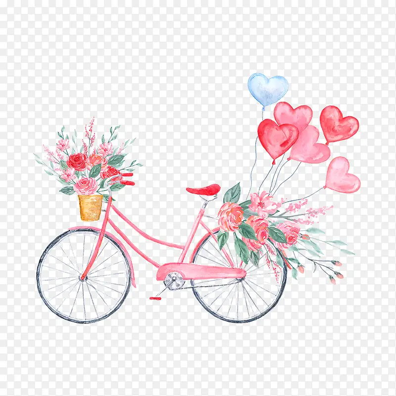 情人节粉色水彩气球脚踏车插画