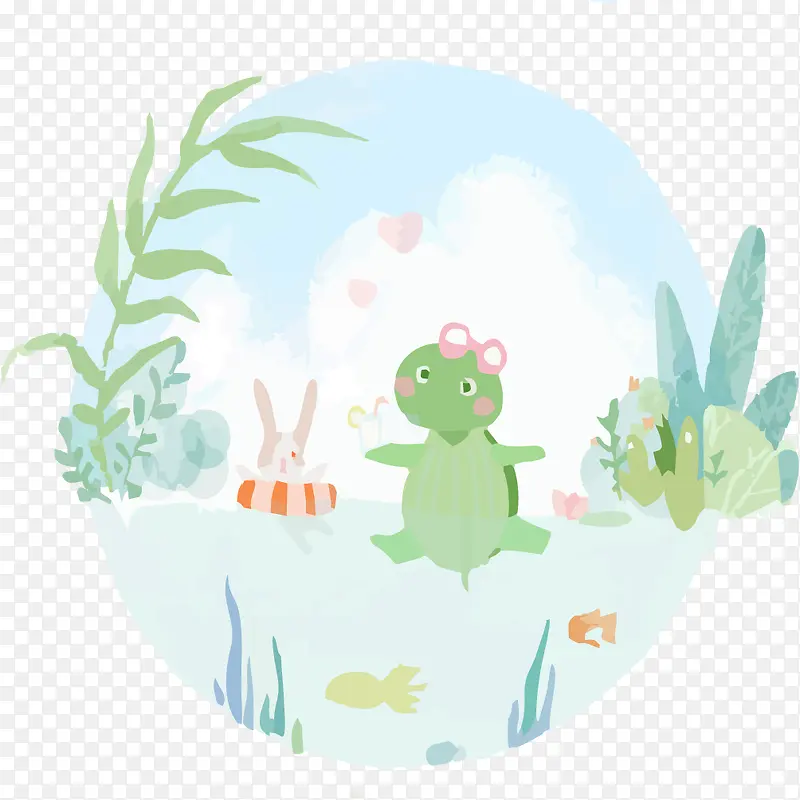 手绘绿色植物与乌龟