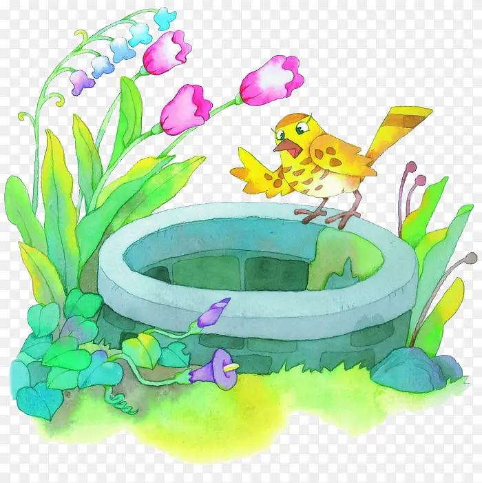 彩绘水井和小鸟