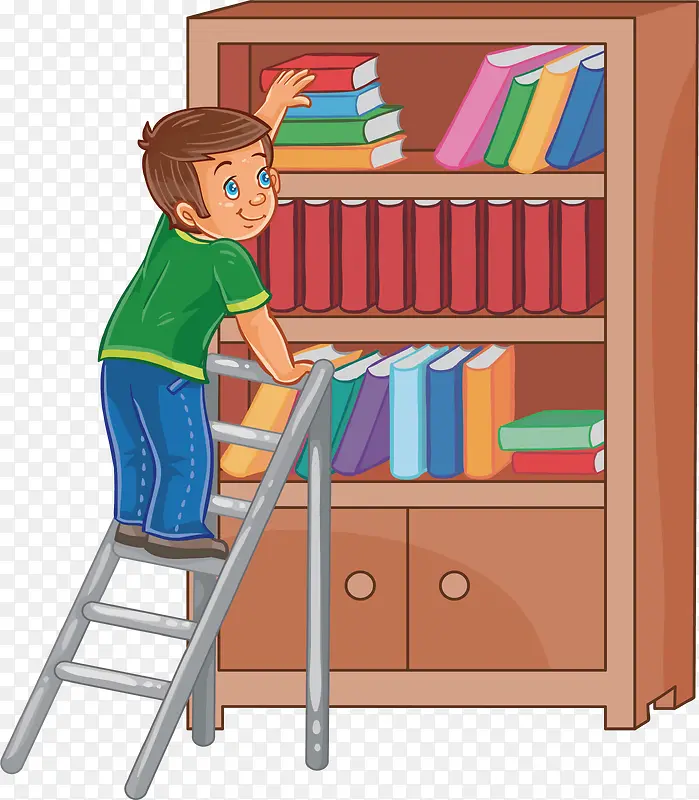 爬梯子上书架的男孩