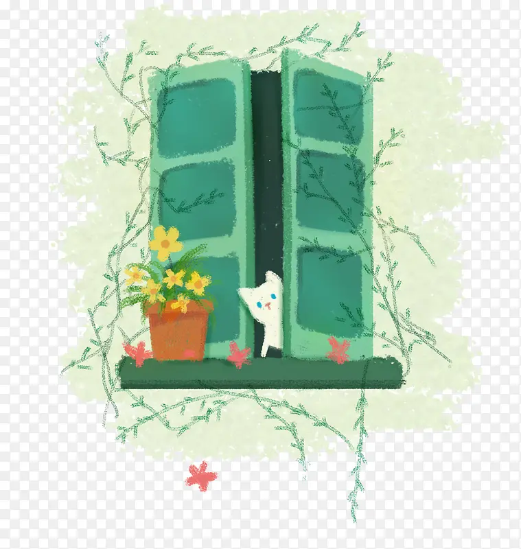 绿色窗户和小猫
