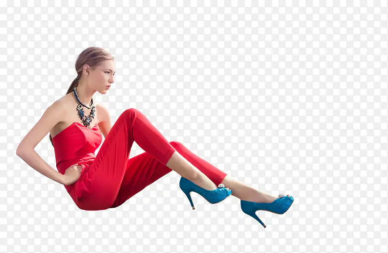 红色套装蓝色高跟鞋干练女性