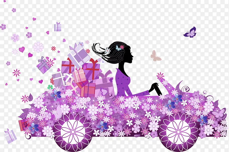 紫色清新花车女孩装饰图案